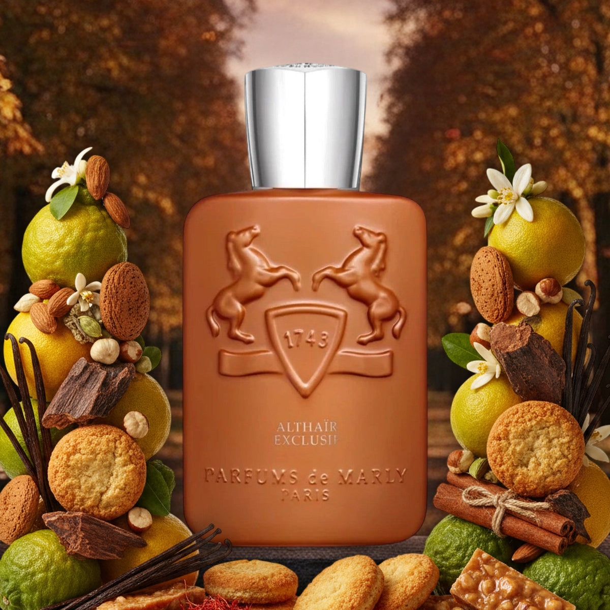 Althaïr Exclusif von Parfums de Marly vor einer herbstlichen Schlossallee in der Dämmerung, mit Bergamotte und Mandeln