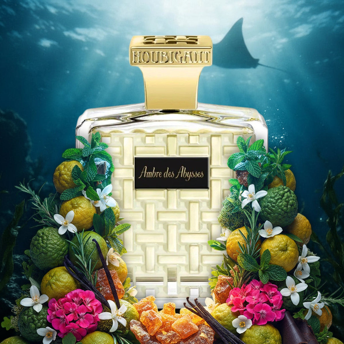 Ambre des Abysses von Houbigant in der tiefen Meeresschlucht mit Sonnenstrahlen und Manta, mit Bergamotte, Minze und Amber