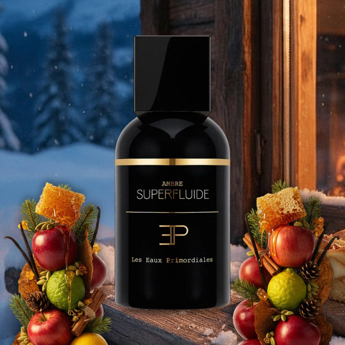 Ambre Superfluide von Les Eaux Primordiales vor verschneiter Skihütte mit Kaminfeuer, Äpfeln, Honig, Zimt und Tannenzweigen