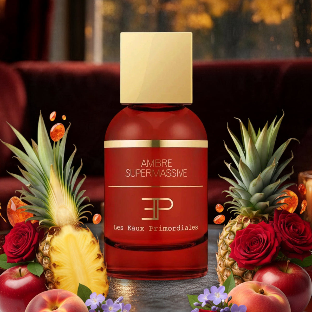 Ambre Supermassive von Les Eaux Primordiales in Samtlounge bei Kerzenlicht im Herbst mit Pfirsich, Ananas, Rosen, Bernstein