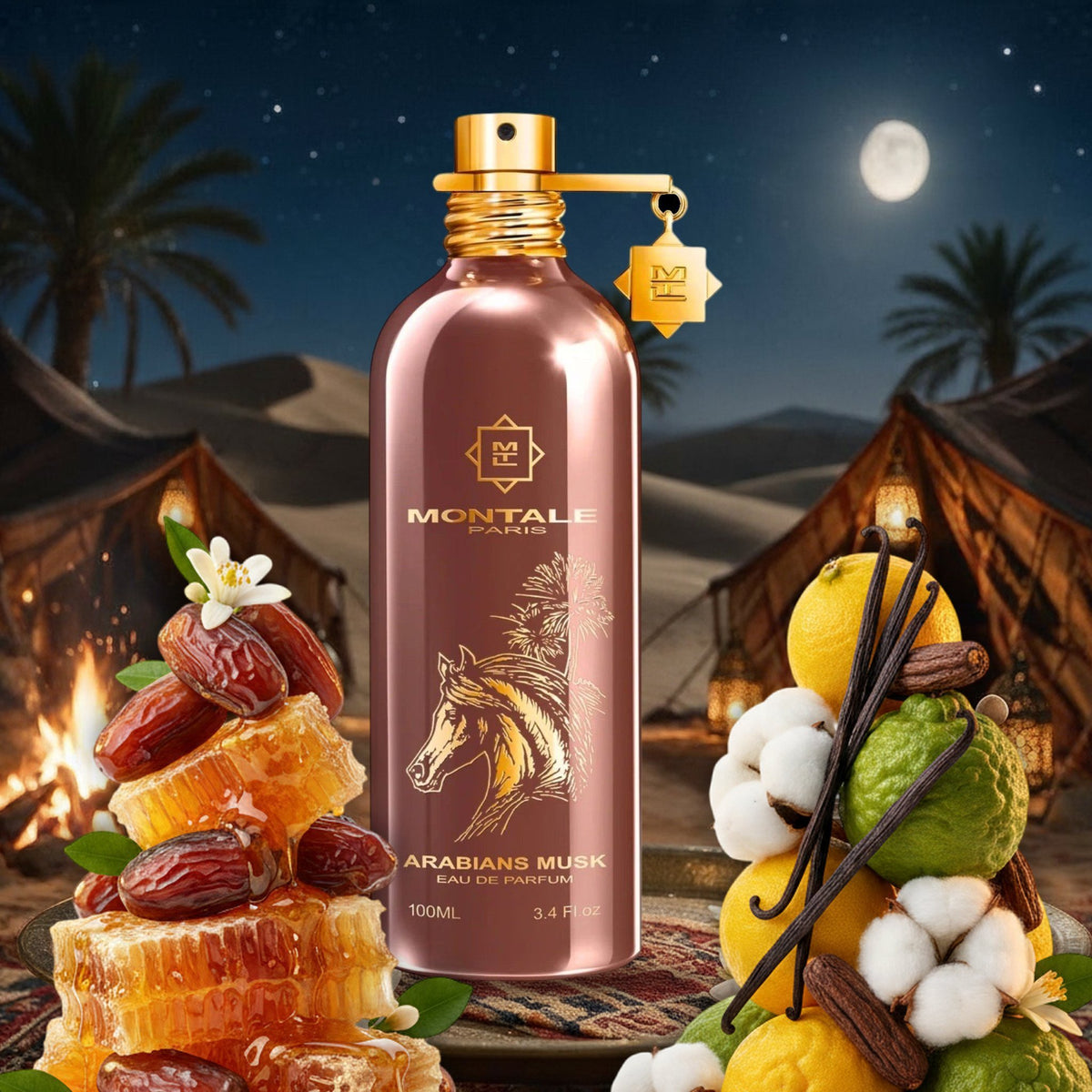 Arabians Musk von Montale im Wüstencamp der Sahara in einer Winternacht, mit Datteln, Honigwaben und Orangenblüten