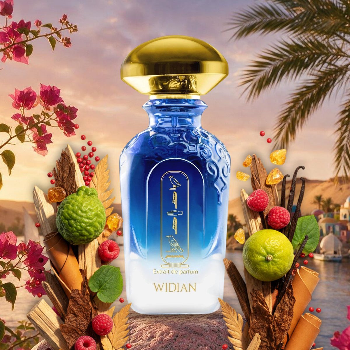 Aswan von Widian am Nil bei Sonnenuntergang mit Feluken und Bougainvillea, dazu Bergamotte, Himbeere, Tabak und Leder