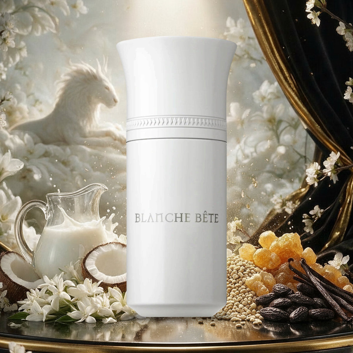 Blanche Bête Limited von Liquides Imaginaires mit Milch, Kokosnuss, Jasmin und Vanille auf Schwarz-Gold-Bühne