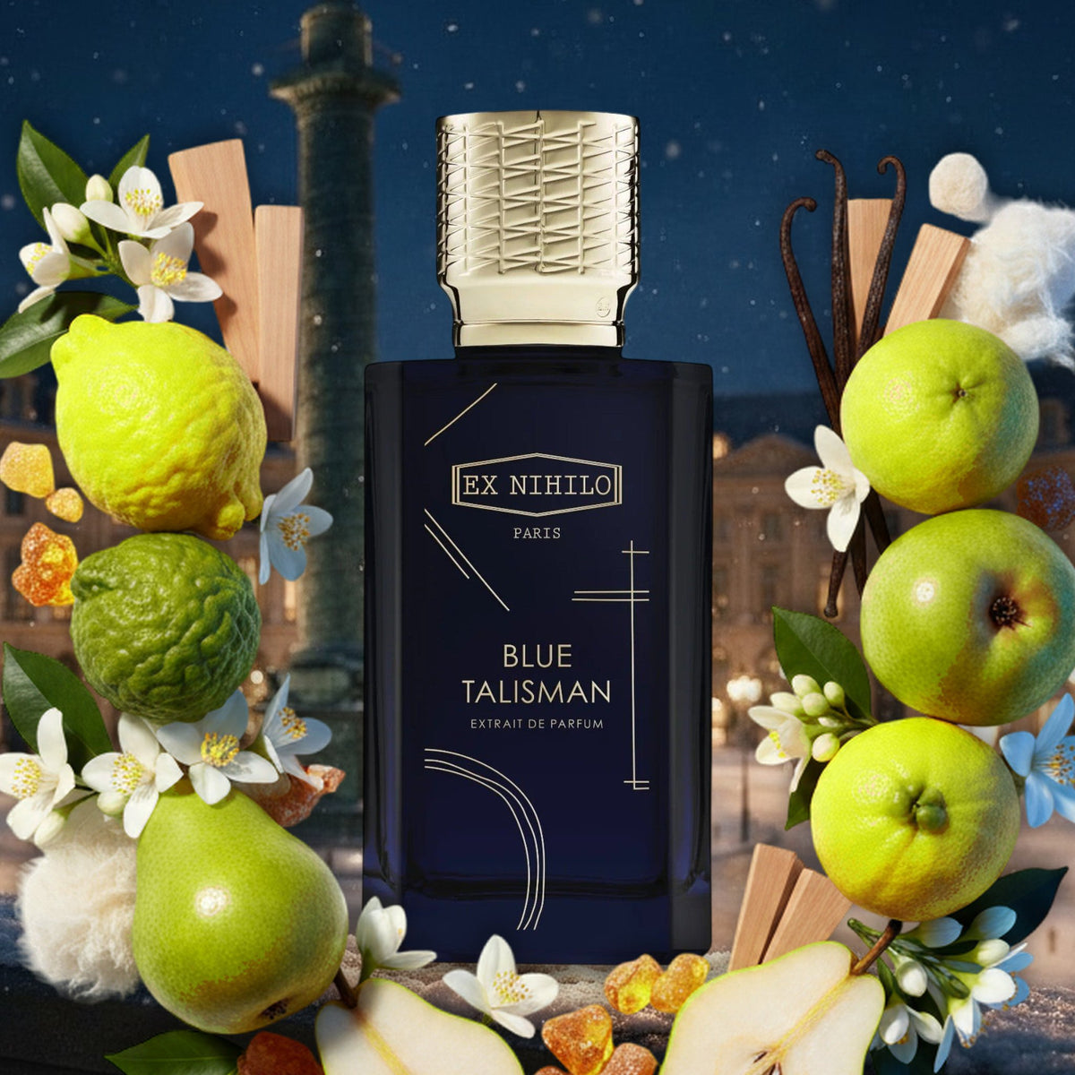 Blue Talisman Extrait von Ex Nihilo mit Birne, Bergamotte, Jasmin und Vanille vor der Place Vendôme in einer Winternacht