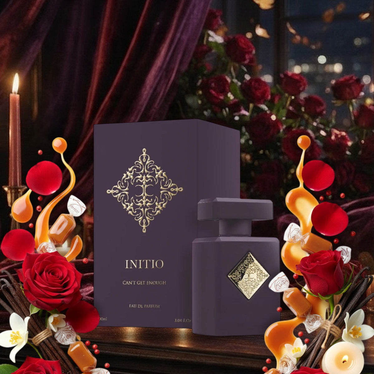 Can't Get Enough von Initio mit Rose, Karamell, Vanille und rosa Pfeffer im Samt-Boudoir bei Kerzenlicht im Herbst