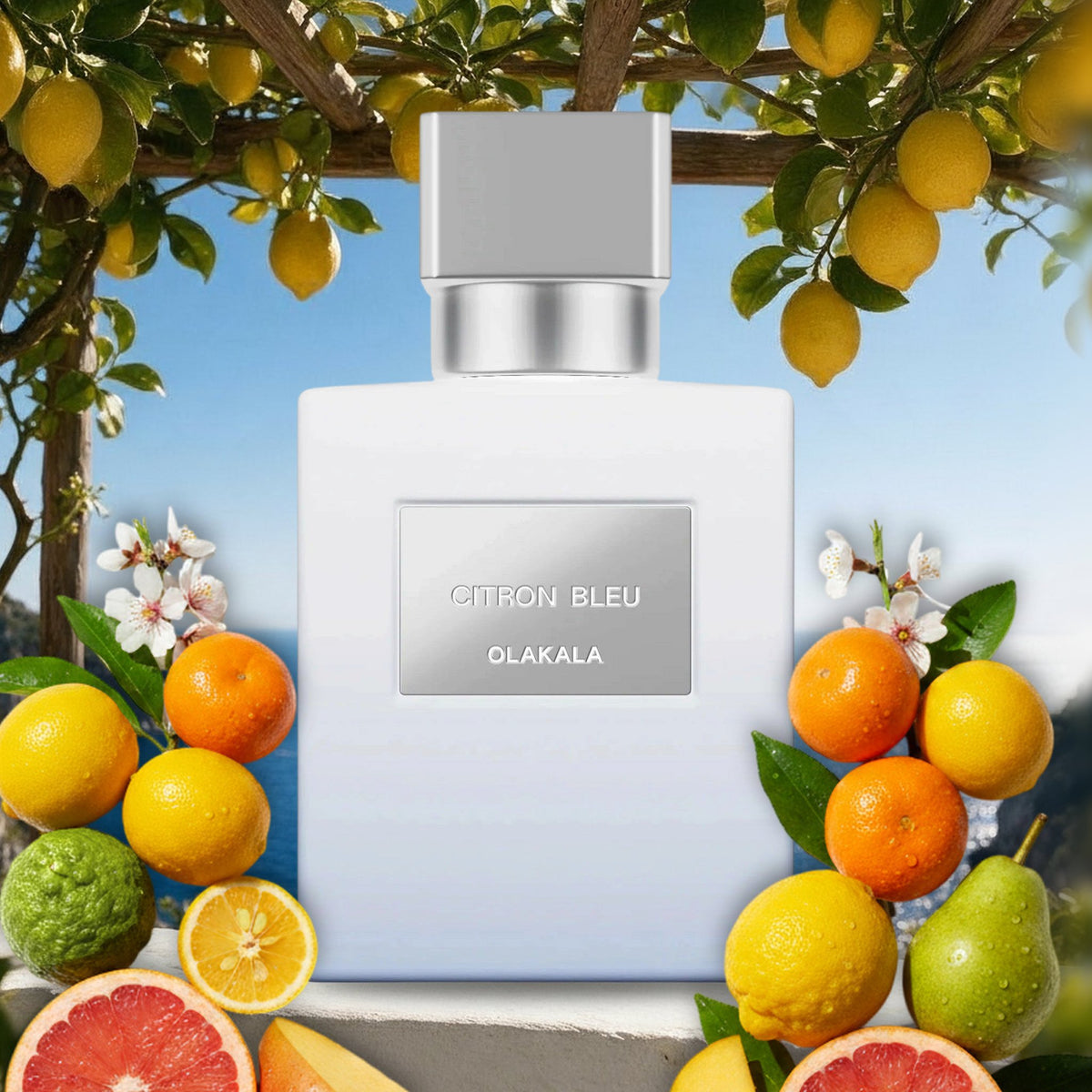 Citron Bleu von Olakala mit Yuzu, Grapefruit, Mandarine und Birne unter Zitronenpergola über dem Mittelmeer im Sommer