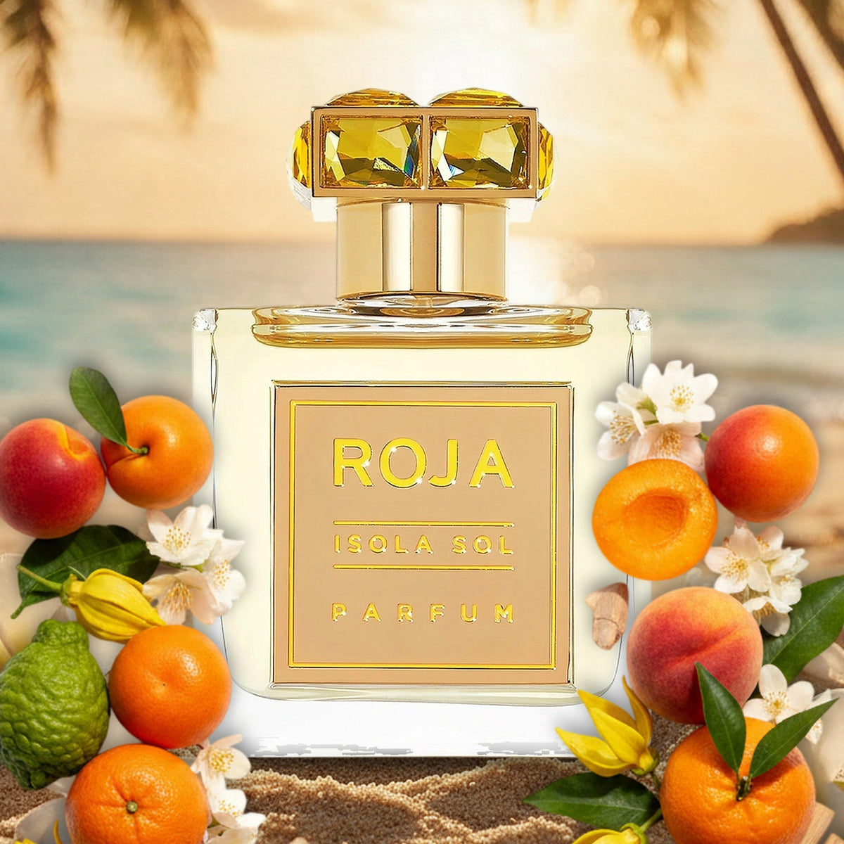 Isola Sol von Roja Parfums – Flakon mit Aprikose, Pfirsich, Mandarine, Kokosnuss und Jasmin am sonnigen Inselstrand