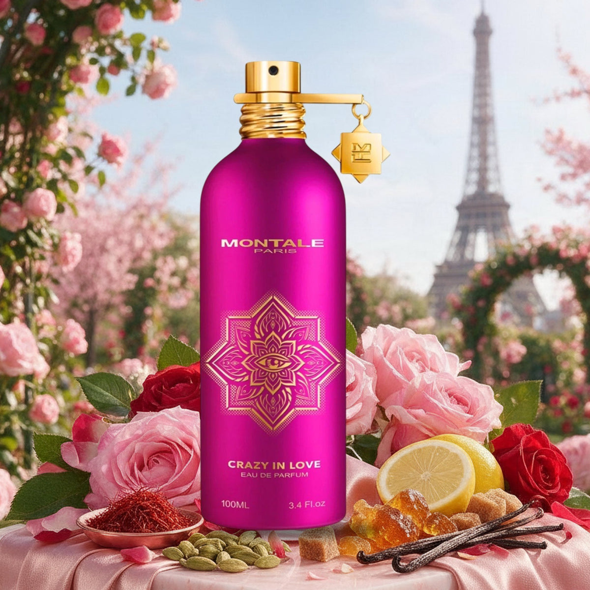 Crazy in Love von Montale mit Rosen, Safran, Kardamom und Vanille vor Pariser Rosengarten mit Eiffelturm im Frühling