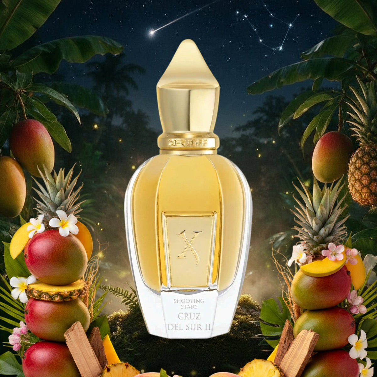 Cruz del Sur II von Xerjoff im tropischen Regenwald unter dem Kreuz des Südens im Sommer, umrahmt von Mangos und Ananas