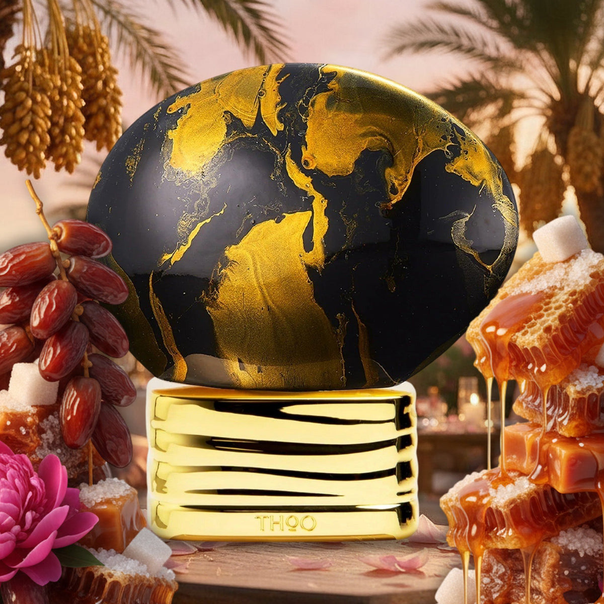Dates Delight von The House of Oud in einer Dattelpalmen-Oase bei Sonnenuntergang, mit Datteln, Honig und Karamell