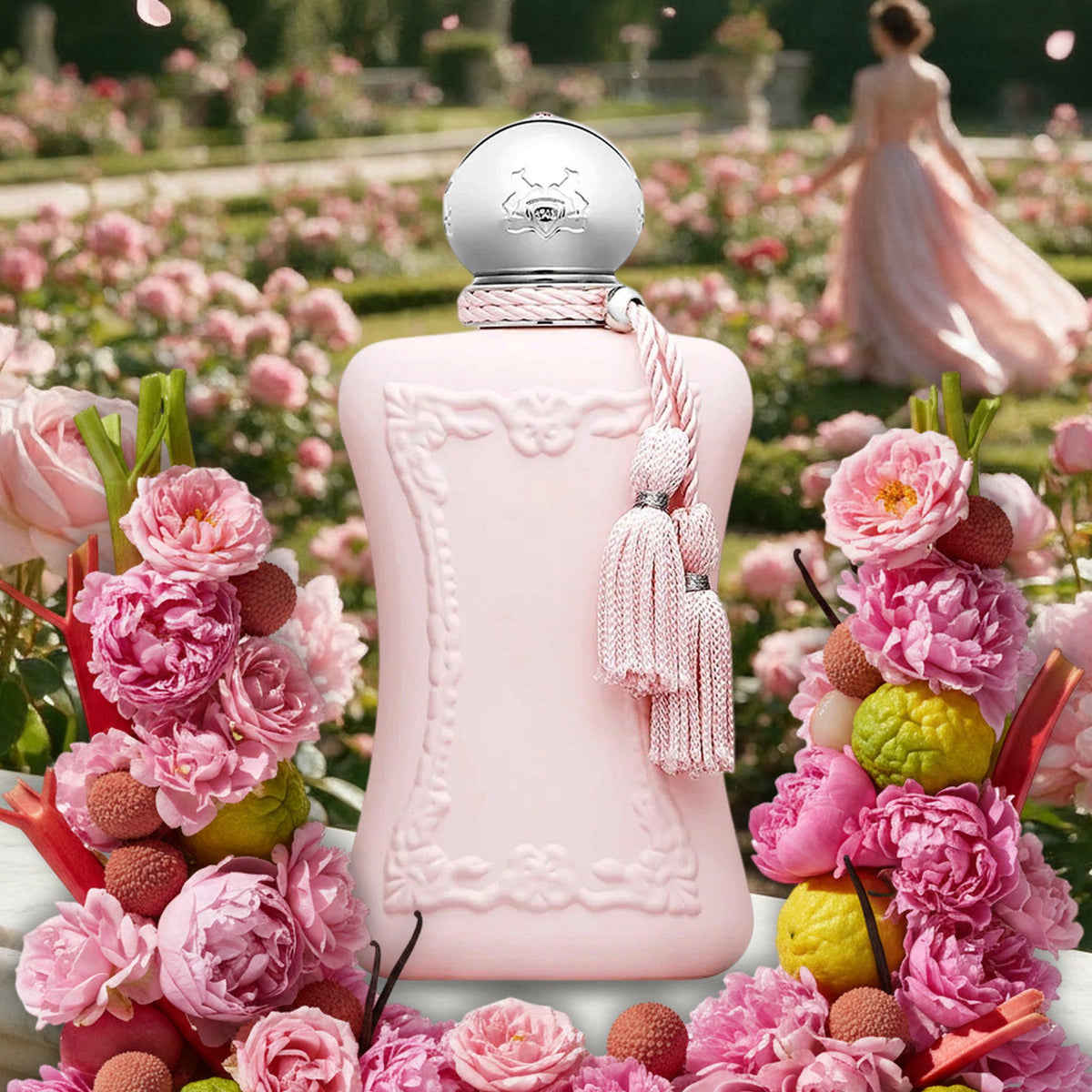 Delina von Parfums de Marly im sonnigen Rosengarten im Frühling mit Rosen, Pfingstrosen, Litschi und Rhabarber