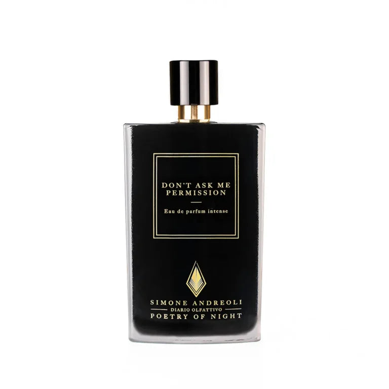 Flakon von „Don’t Ask Me Permission“ von Simone Andreoli – stilvolle, schwarze Glasflasche mit goldener Schrift, elegant und provokant.