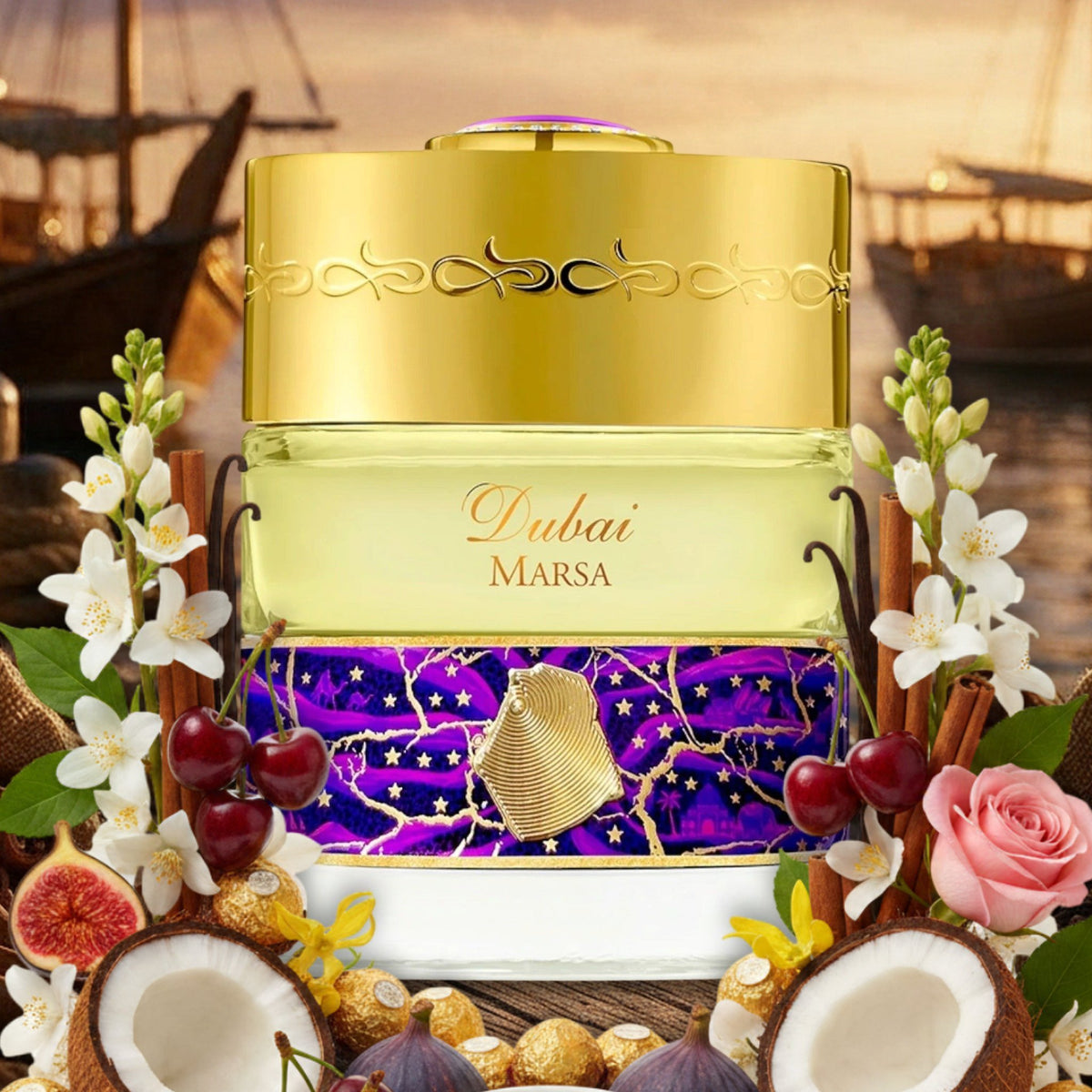 Dubai Marsa von The Spirit of Dubai – Flakon mit Kokosnuss, Kirschen, Feigen, Jasmin, Rose und Zimt im abendlichen Hafen