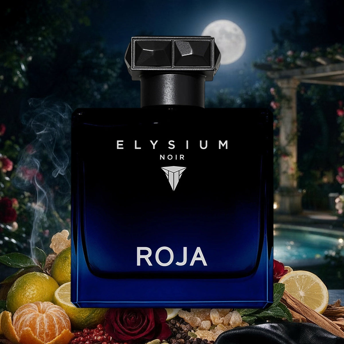 Elysium Noir von Roja Parfums mit Bergamotte, Mandarine, Rosen und Leder vor geheimem Mondscheingarten im Herbst