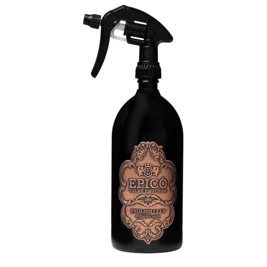 EPICO Parfum English Club Ambience Spray im eleganten schwarzen Sprühflakon mit kupferfarbenem Vintage-Etikett.
