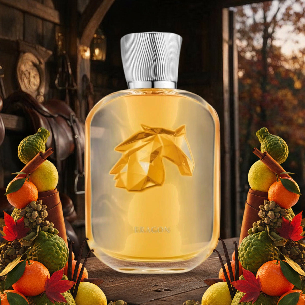 Eragon von Parfums de Marly in der Sattelkammer eines Gestüts am Herbstabend, mit Zimt, Kardamom und Leder