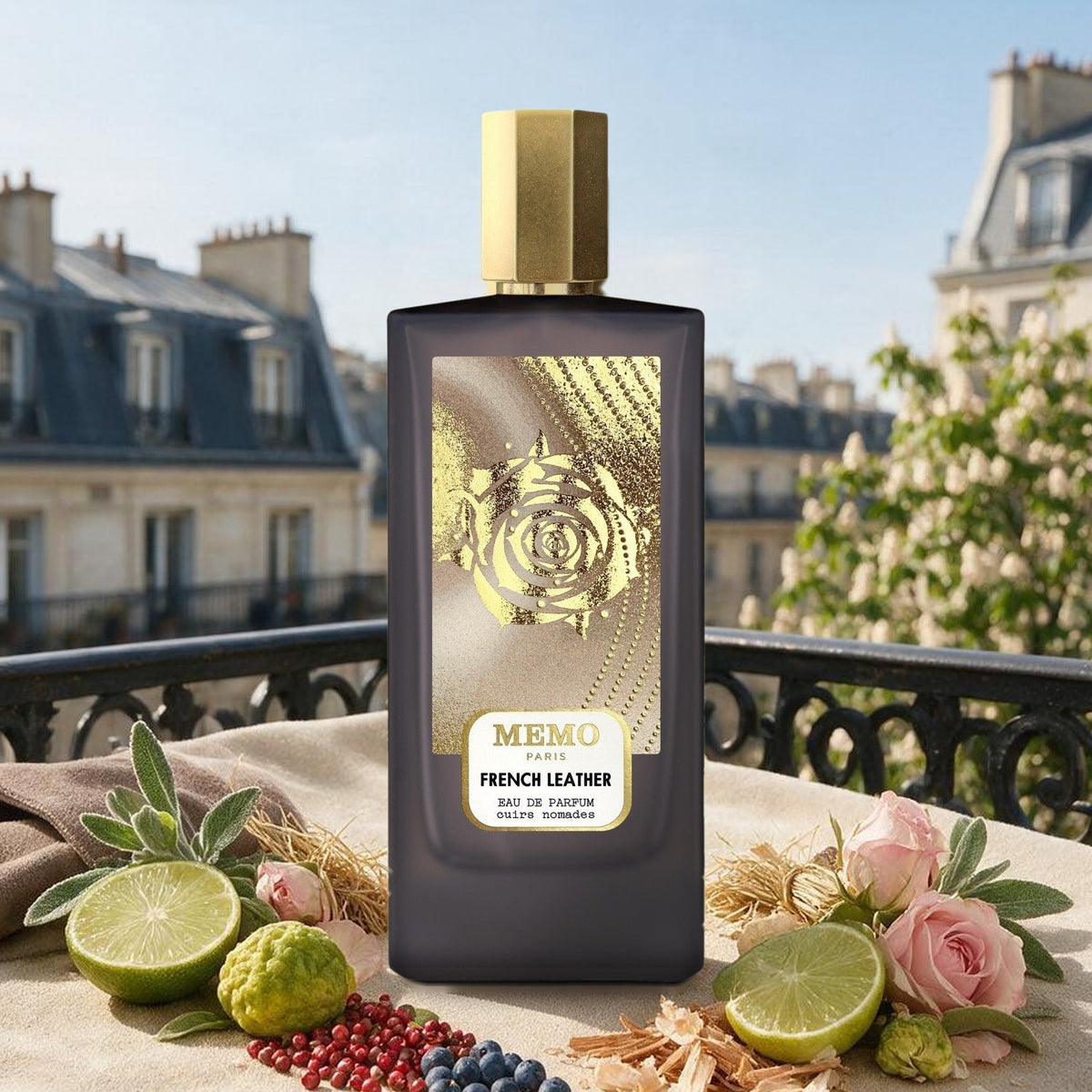 French Leather by Memo Paris – bottle on a Paris balcony with lime, rose and suede