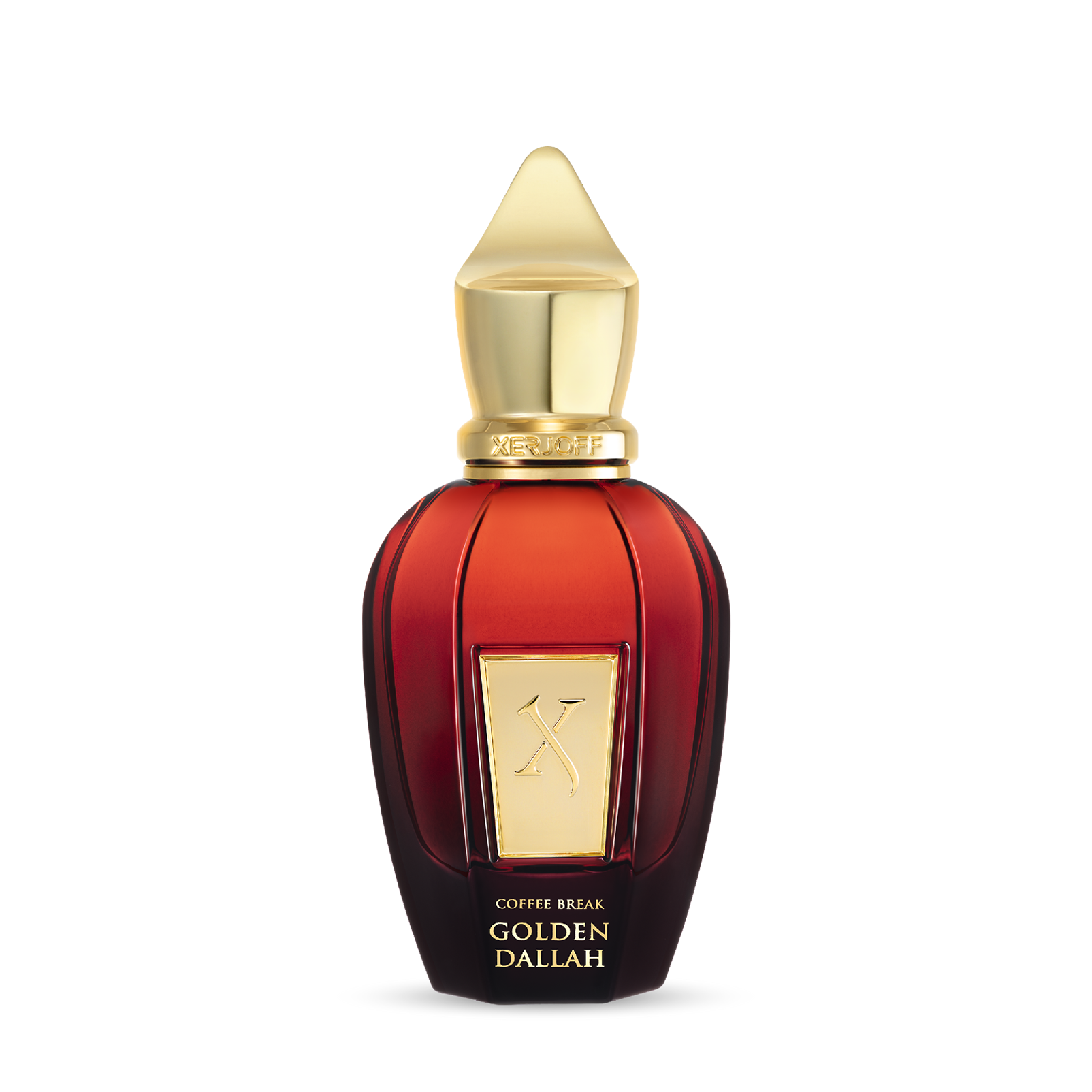 Flakon von Xerjoff Golden Dallah – Coffee Break Collection, rotes Glas mit goldener Schrift