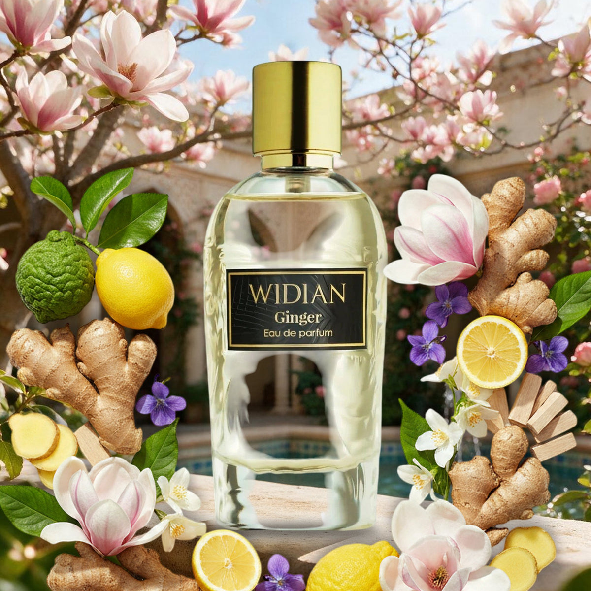 Ginger von Widian im arabischen Rosenhof mit Magnolienblüten, dazu Ingwer, Zitrone, Bergamotte und Veilchen