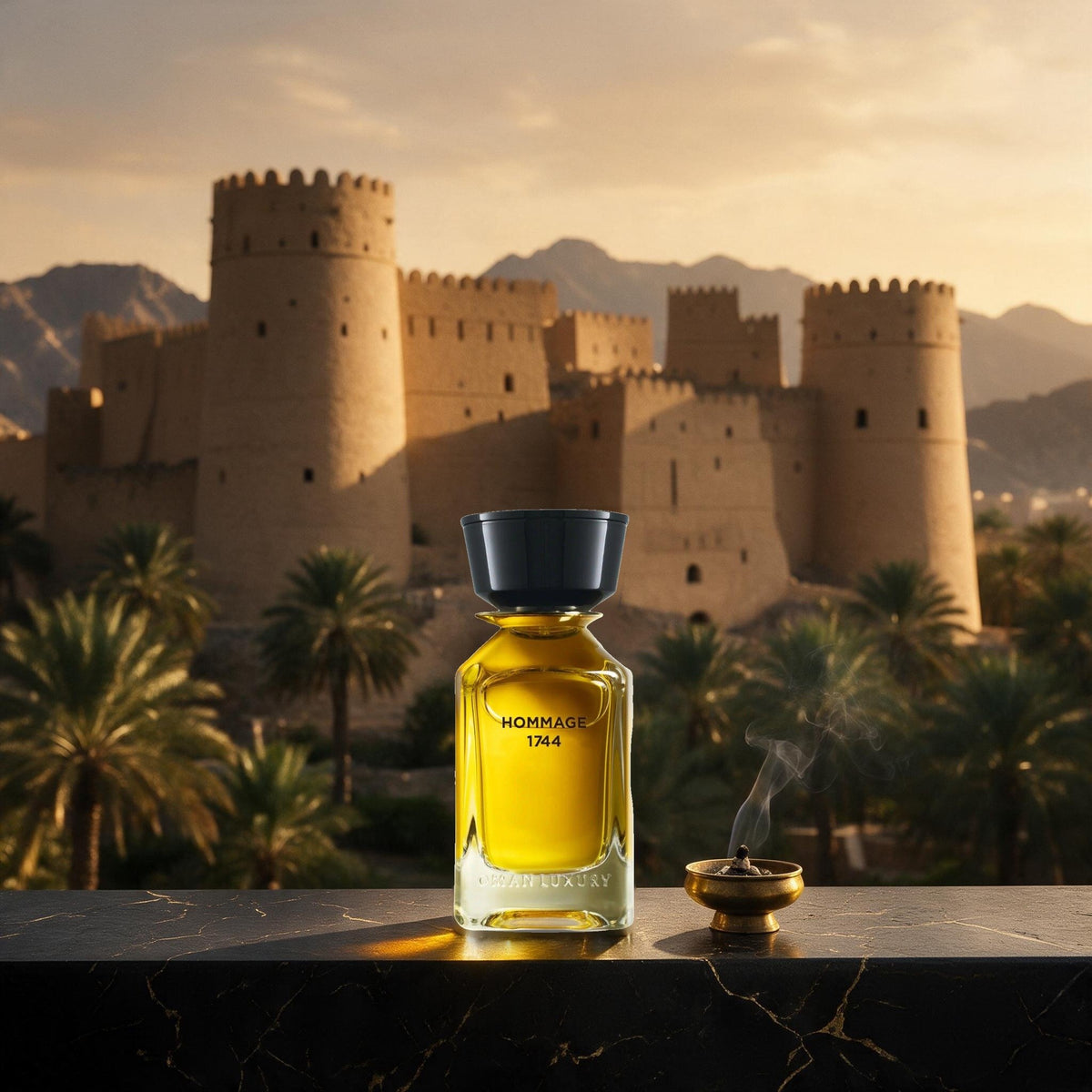 Hommage 1744 von Omanluxury vor omanischer Festung im Abendlicht, Palmen und Weihrauch