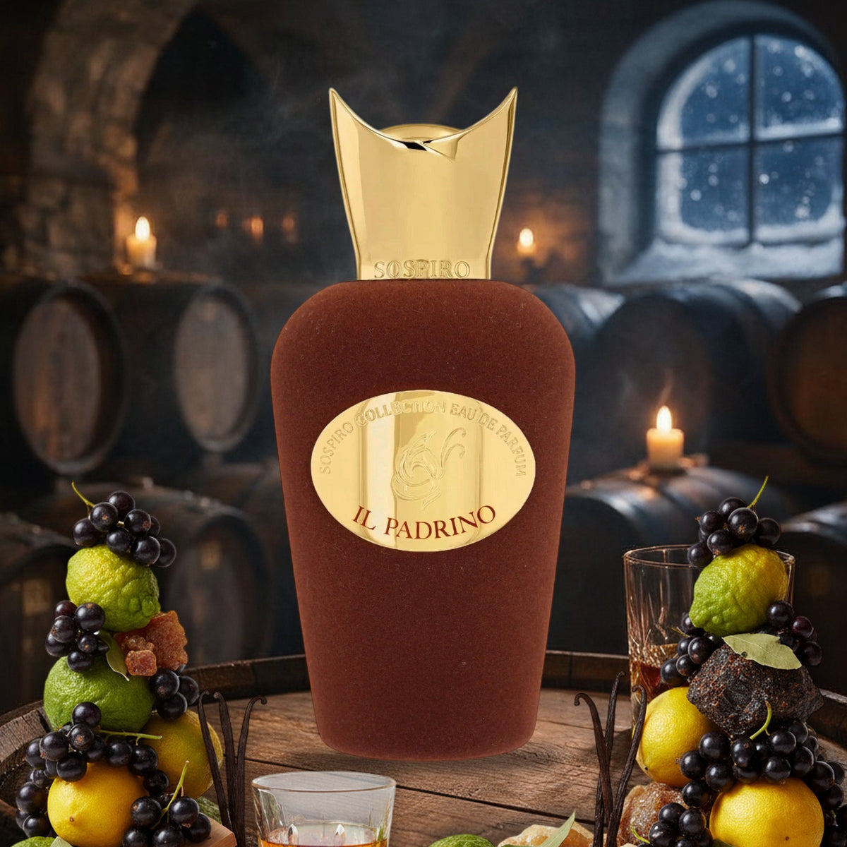 Il Padrino von Sospiro im Rumkeller mit Eichenfässern am Winterabend, mit schwarzer Johannisbeere, Bergamotte und Amber