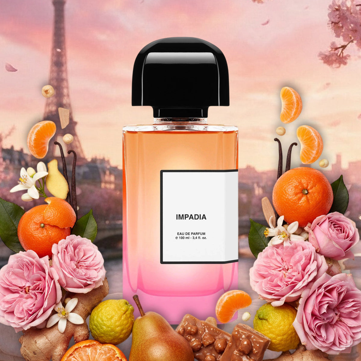 Impadia von BDK Parfums mit Rose, Birne, Mandarine und Praline vor Eiffelturm und Seine im Frühling bei Sonnenuntergang