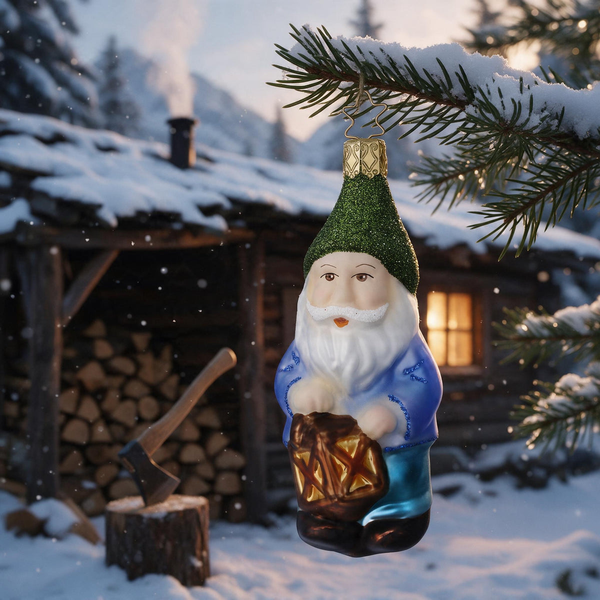 Inge Glas Anhänger „Alfred“ mit grüner Zipfelmütze und Laterne, 11 cm, an einem verschneiten Fichtenzweig vor einer Holzfällerhütte im Bergwald mit Brennholzstapel, Hackstock und erleuchtetem Fenster – Szenenbild mit KI gestaltet, Produkt im Original.