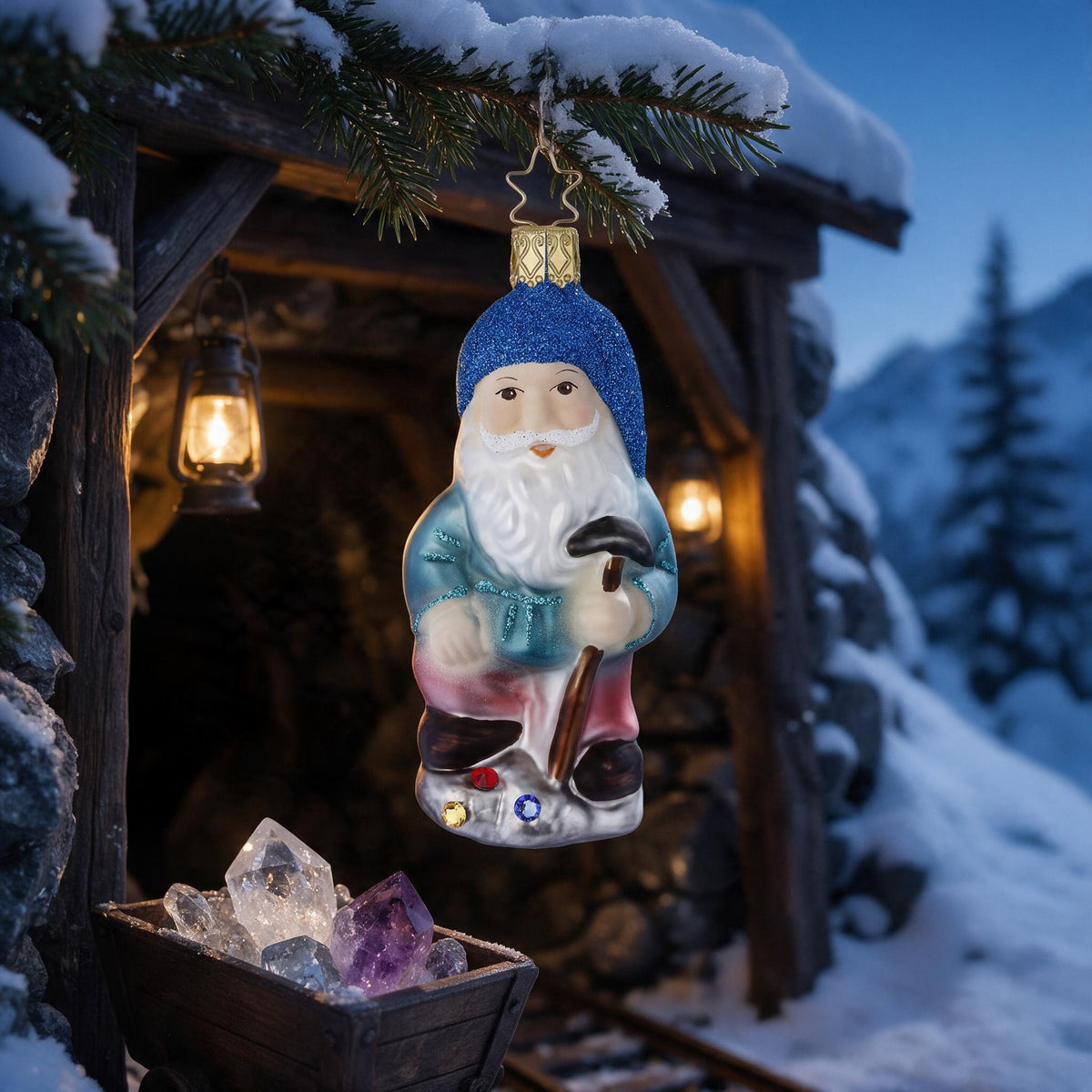 Inge Glas ornament Edelfred with pickaxe and gemstones, approx. 11 cm, on a snowy fir branch at the wooden entrance of an old silver mine with miner's lamps and a mine cart full of rock crystals and amethysts at blue hour – scene image created with AI, product shown as original.