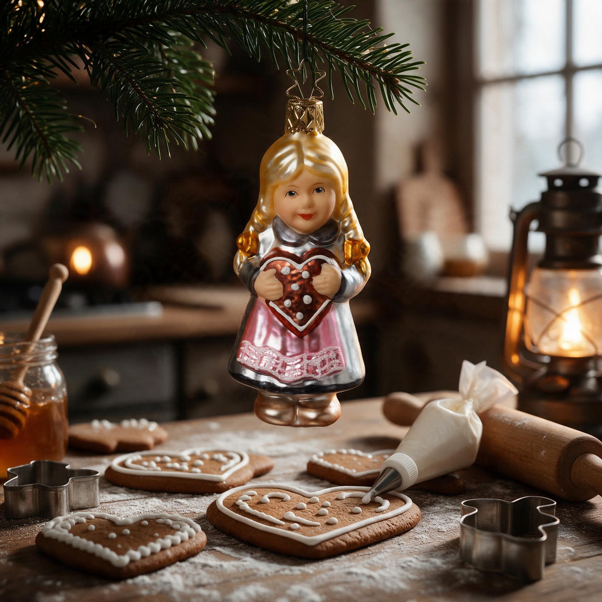 Inge Glas ornament Gretel with blonde braids and gingerbread heart, approx. 10.5 cm, on a fir sprig above the floury wooden table of a farmhouse kitchen in Advent, with freshly baked gingerbread hearts, an icing bag, cookie cutters, a rolling pin, a honey jar and lantern light – scene image created with AI, product shown as original.