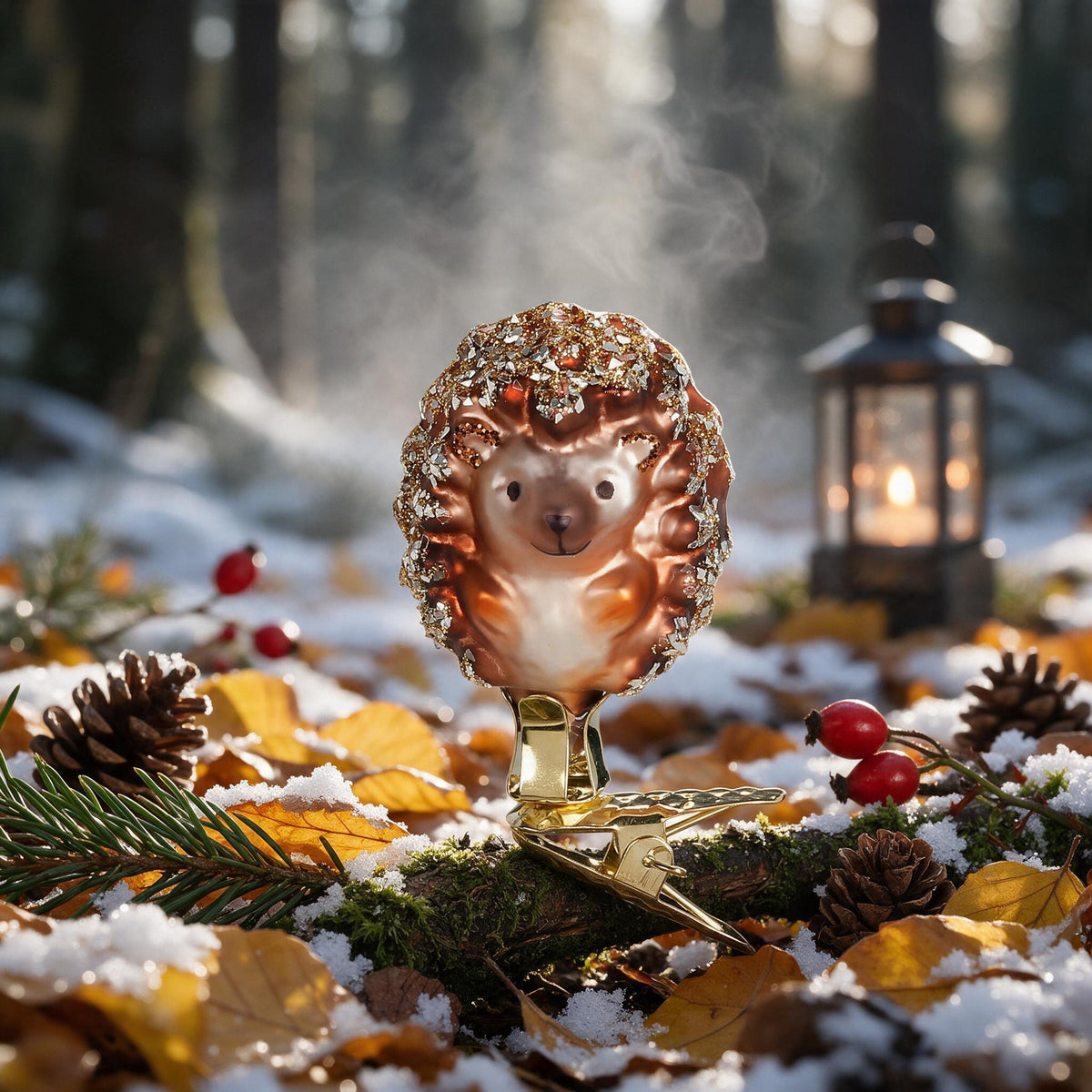 Inge Glas Clip „Kleiner Igel“, 5 cm, auf einem bemoosten Zweig am Waldboden mit Buchenlaub, erstem Schnee, Hagebutten, Zapfen und Laterne – Szenenbild mit KI gestaltet, Produkt im Original.