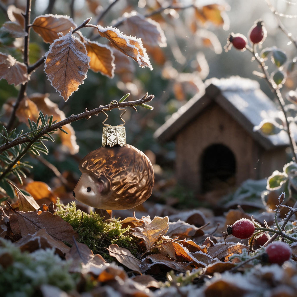 Inge Glas ornament “Ingo the Hedgehog”, 4 cm, on a twig above frosted autumn leaves and moss in front of a small hedgehog house with rose hips at the first frost – scene image created with AI, product shown as original.