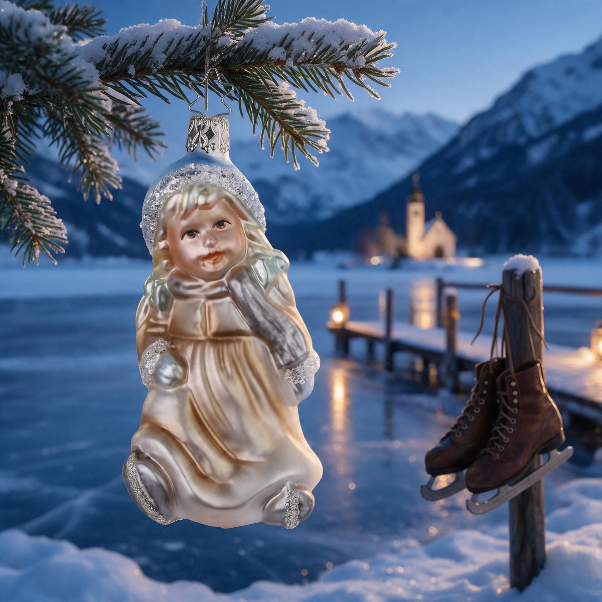 Inge Glas „Kufen auf dem Eis“, Mädchen mit Schlittschuhen, 11,5 cm, am verschneiten Tannenzweig am zugefrorenen Bergsee mit Steg, alten Schlittschuhen, Laternen und Bergkapelle zur blauen Stunde – Szenenbild mit KI gestaltet, Produkt im Original.