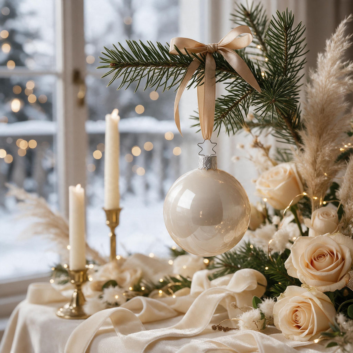 Inge Glas Christbaumkugel champagner opal, 12 cm, in einem elfenbein-goldenen Festarrangement mit Champagnerband, Kerzen, champagnerfarbenen Rosen und Pampasgras vor einer verschneiten Terrasse – Szenenbild mit KI gestaltet, Produkt im Original.