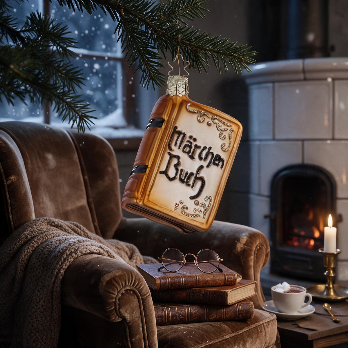 Inge Glas ornament fairy tale book, approx. 9 cm, on a fir sprig above a cosy reading nook by a tiled stove on a winter evening, with a velvet armchair, a knitted blanket, old leather-bound books, round reading glasses, cocoa, a brass candlestick and snowfall outside the window – scene image created with AI, product shown as original.