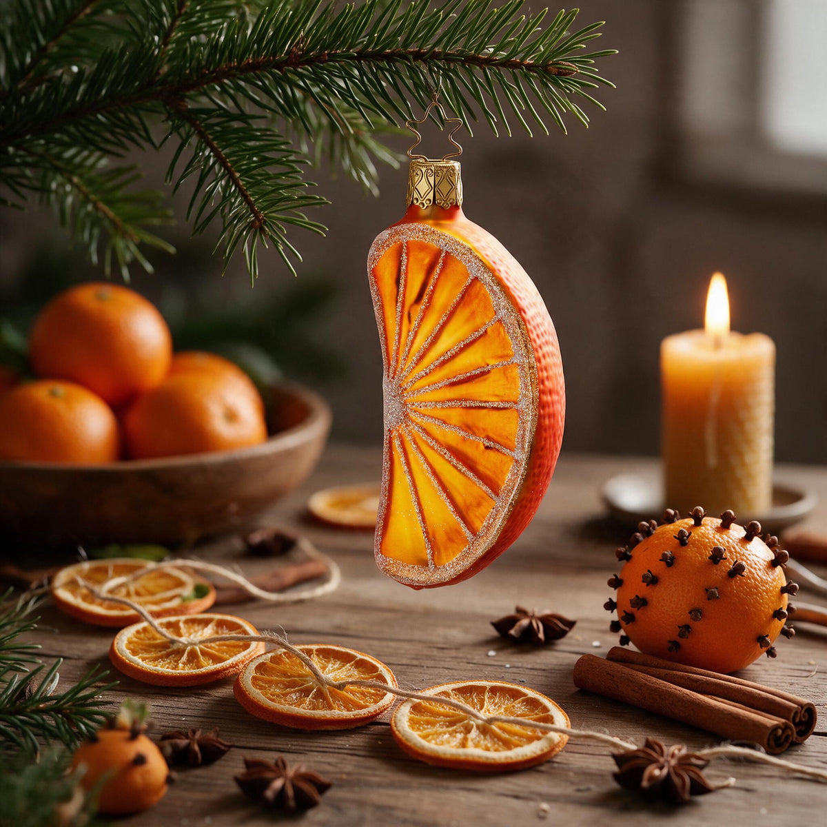 Inge Glas ornament orange slice, approx. 10 cm, on a fir sprig above a rustic wooden table while making Advent decorations, with a garland of dried orange slices, clove-studded oranges, cinnamon sticks, star anise, a bowl of fresh oranges and a burning beeswax candle – scene image created with AI, product shown as original.