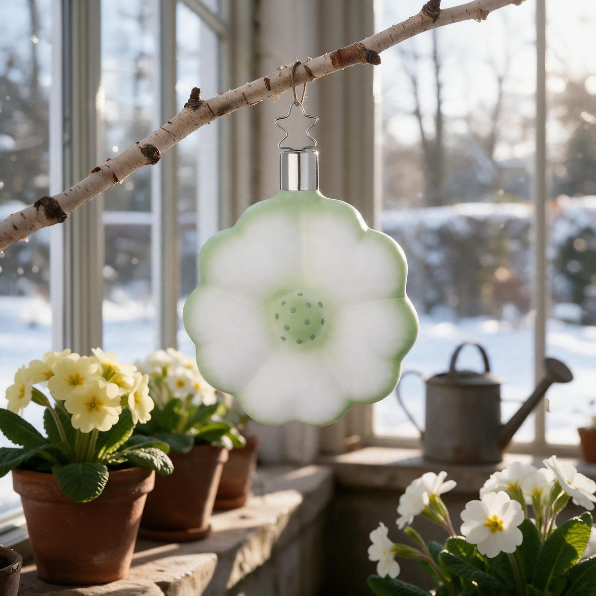 Inge Glas “Spring Awakening” primrose in green, 7.5 cm, on a birch twig in an orangery with blooming primroses, watering can and a view of the snowy garden – scene image created with AI, product shown as original.