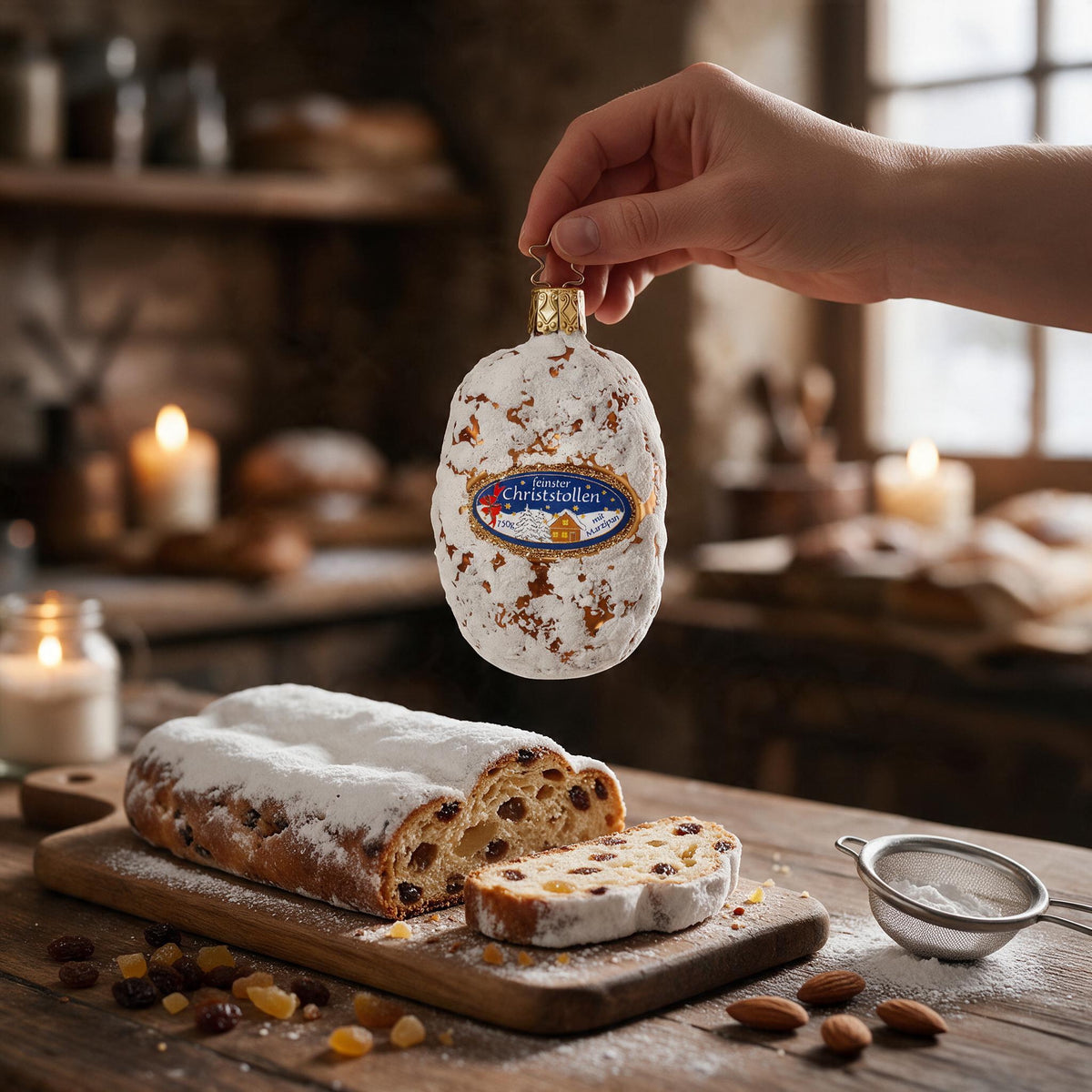 Inge Glas ornament Christmas stollen, held by a hand above a rustic Advent bakery with a sliced stollen dusted with icing sugar on a wooden board, raisins, candied peel, almonds, a sugar sieve and candlelight – scene image created with AI, product shown as original.