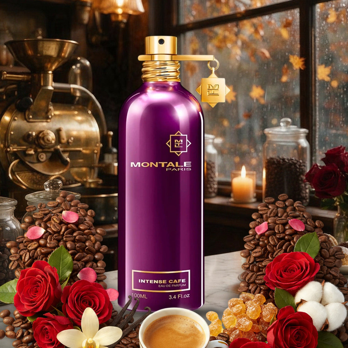 Intense Café von Montale – Flakon mit Kaffeebohnen, roten Rosen, Vanille und Amber im herbstlichen Kaffeehaus