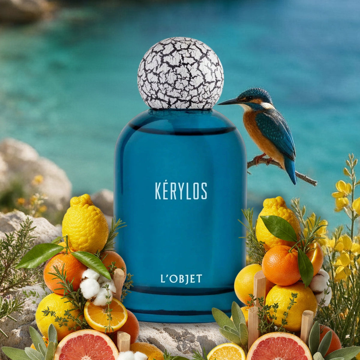 Kérylos von L’Objet mit Eisvogel an wilder Mittelmeerbucht im Frühling mit Yuzu, Mandarine, Grapefruit und Rosmarin