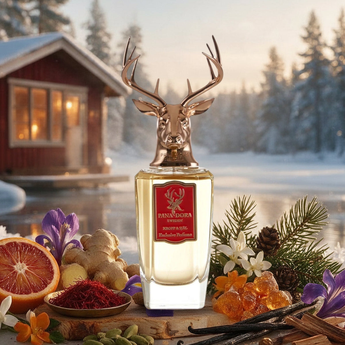 Kropp & Själ von Pana Dora mit Blutorange, Safran, Ingwer und Amber vor roter Saunahütte am Wintersee in Schweden