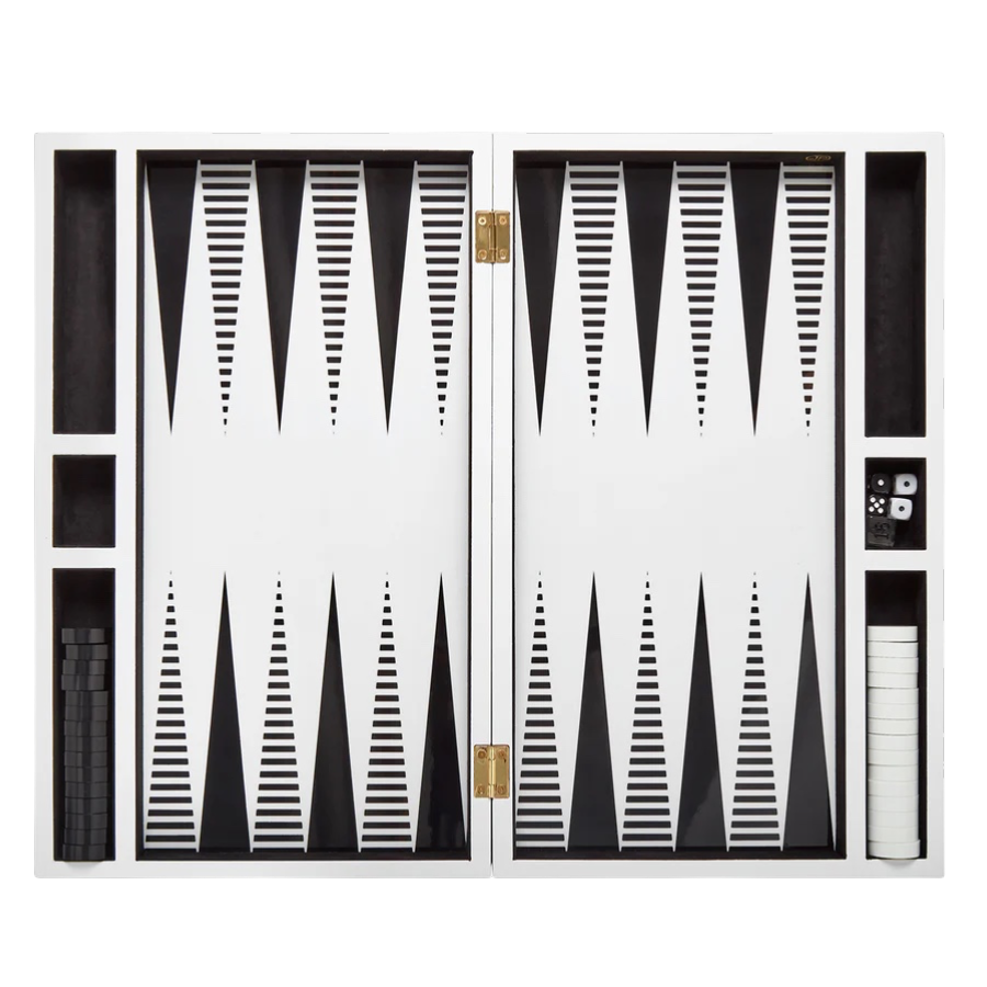 OP Art lacquered backgammon set, black and white