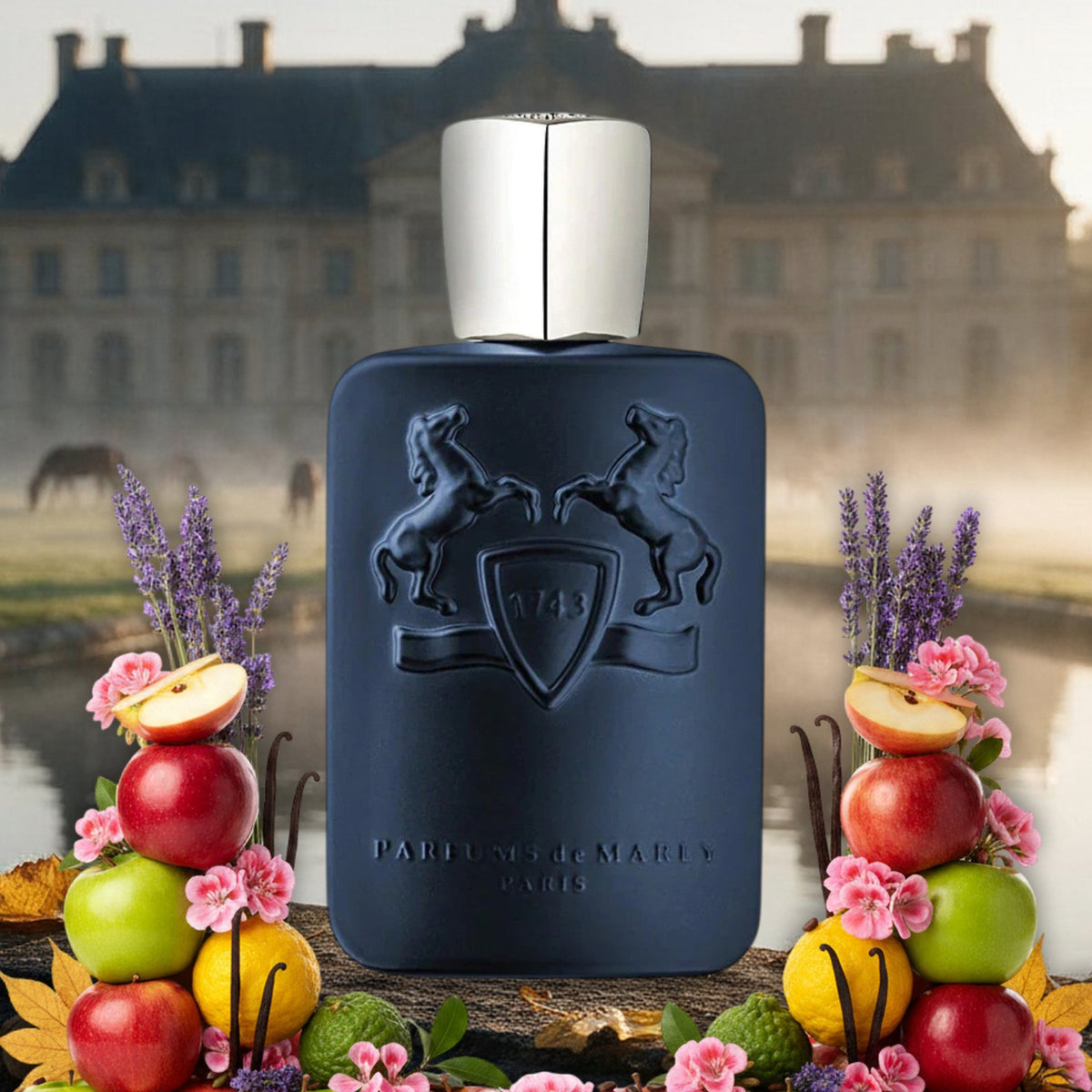 Layton von Parfums de Marly vor Schloss Marly mit Pferden im Herbstnebel, umrahmt von Äpfeln, Lavendel und Vanille