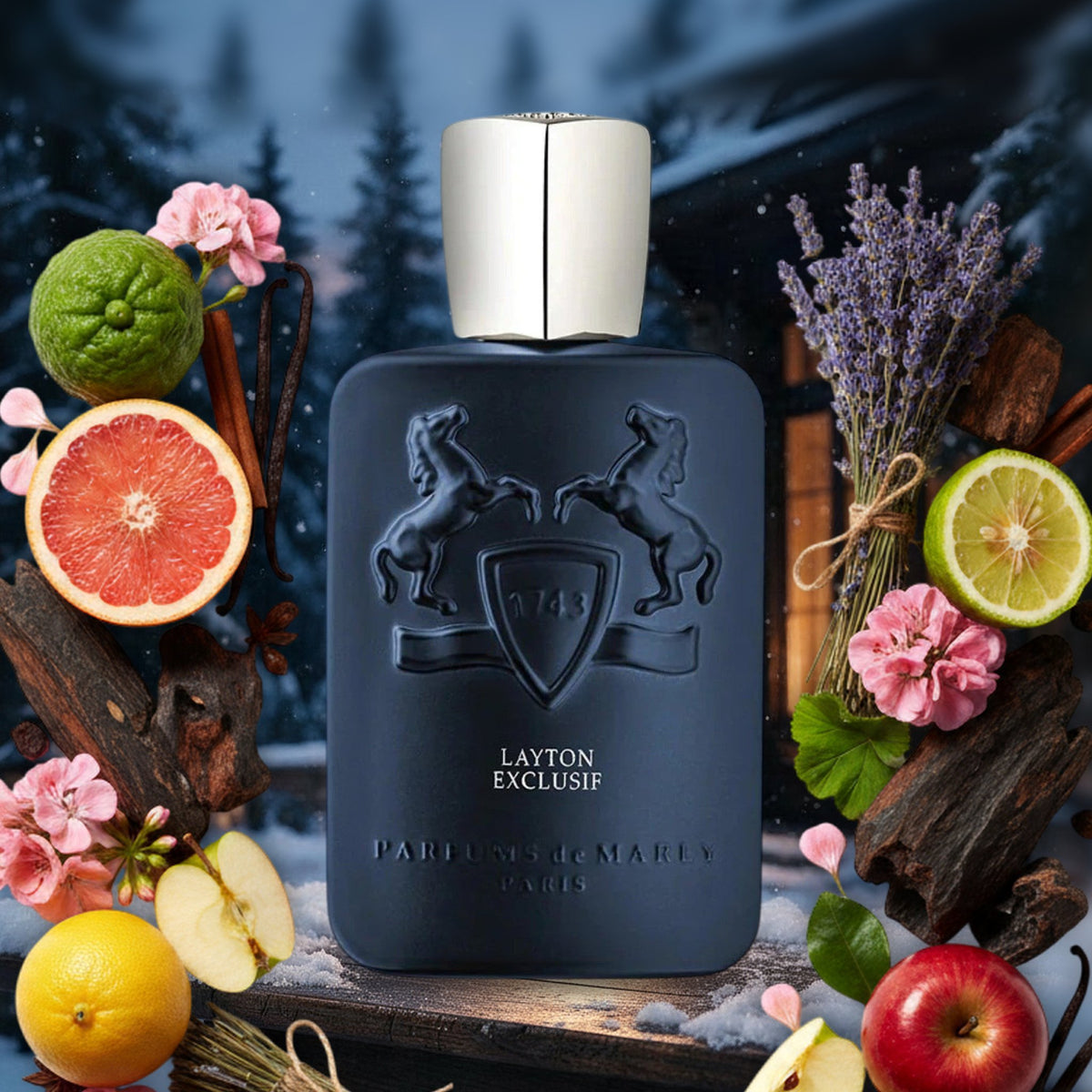 Layton Exclusif von Parfums de Marly auf verschneitem Tisch vor Jagdpavillon im Winterwald, umrahmt von Äpfeln und Oud
