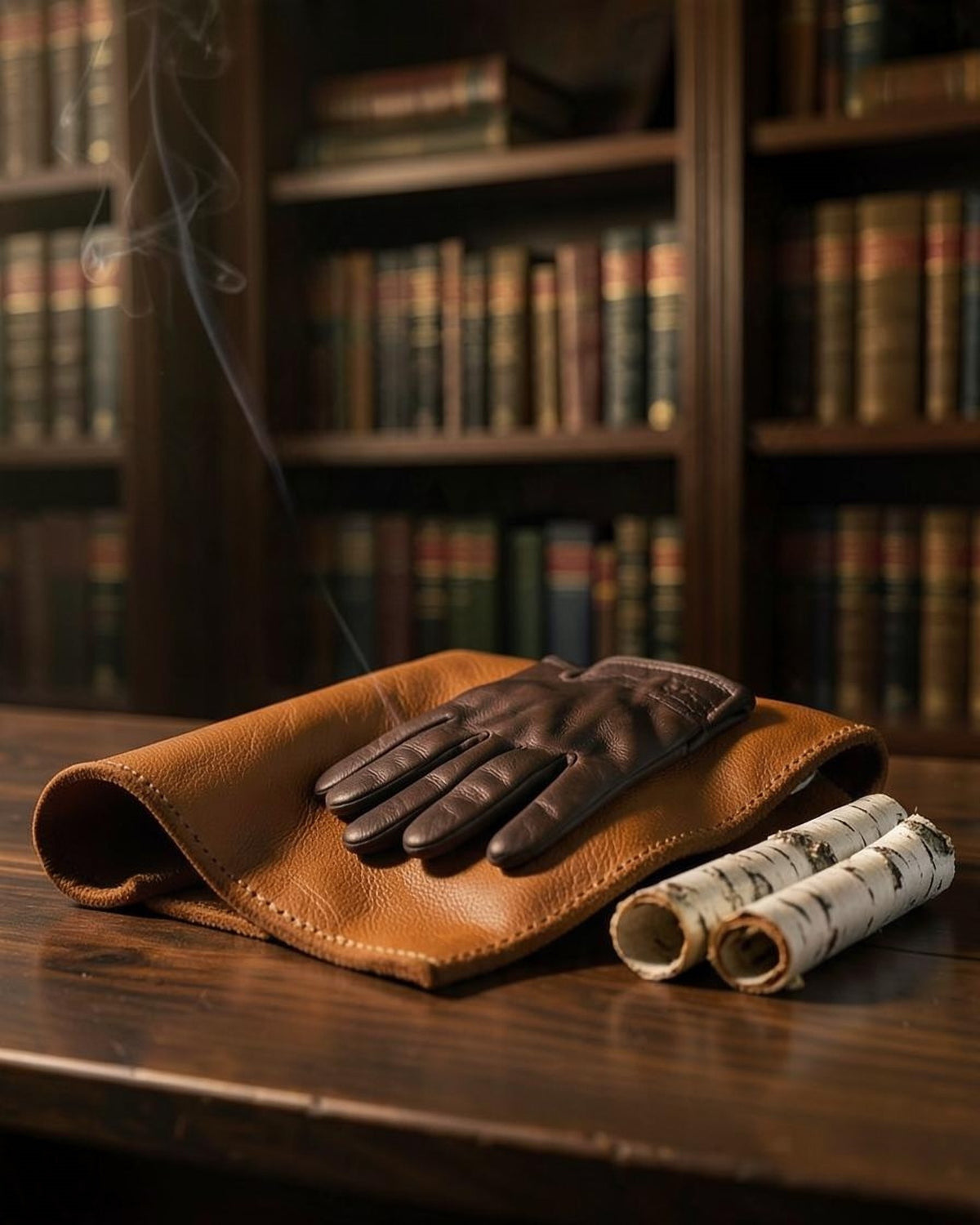 Handgenähtes Cognac-Leder, dunkler Lederhandschuh und gerollte Birkenrinde mit Rauch