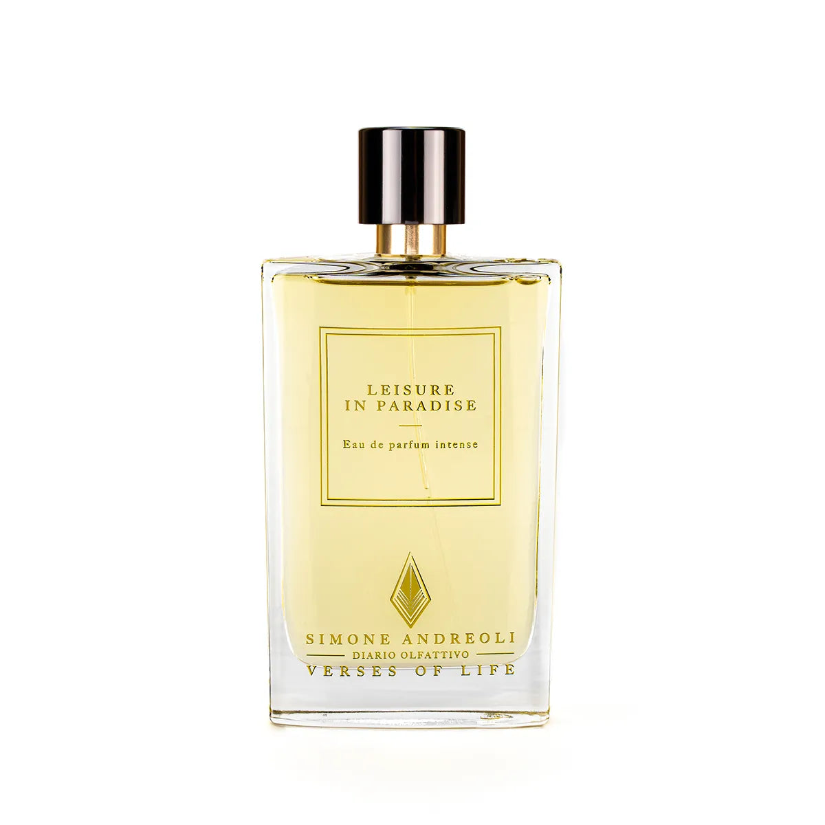 Leisure in Paradise Parfümflakon – rechteckige Glasflasche mit bronzefarbenem Hals und elegantem schwarzem Verschluss.