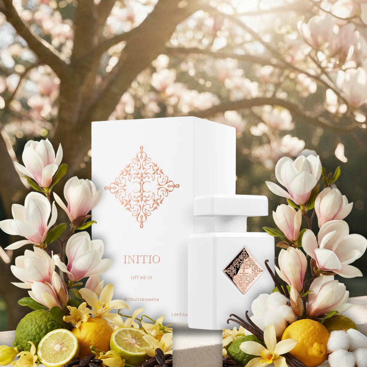 Lift Me Up von Initio vor blühender Magnolie im Frühlingslicht, mit Magnolie, Bergamotte, Ylang-Ylang und Vanille