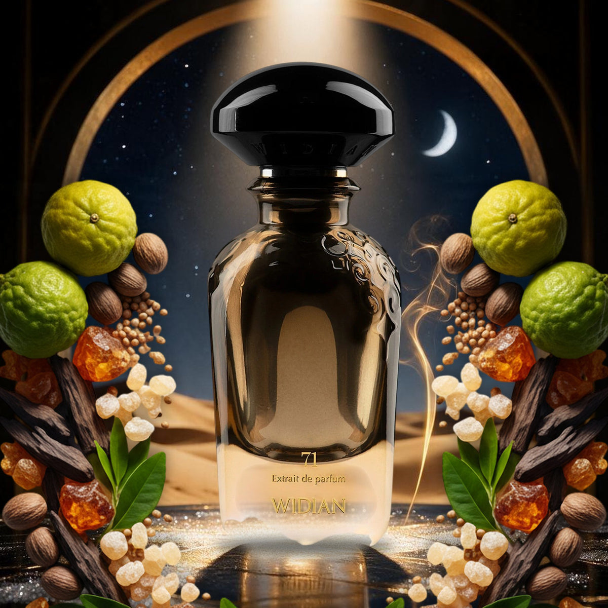 Limited 71 von Widian auf schwarz-goldener Bühne vor Wüstendünen im Sternenhimmel, mit Bergamotte, Muskat, Oud und Weihrauch