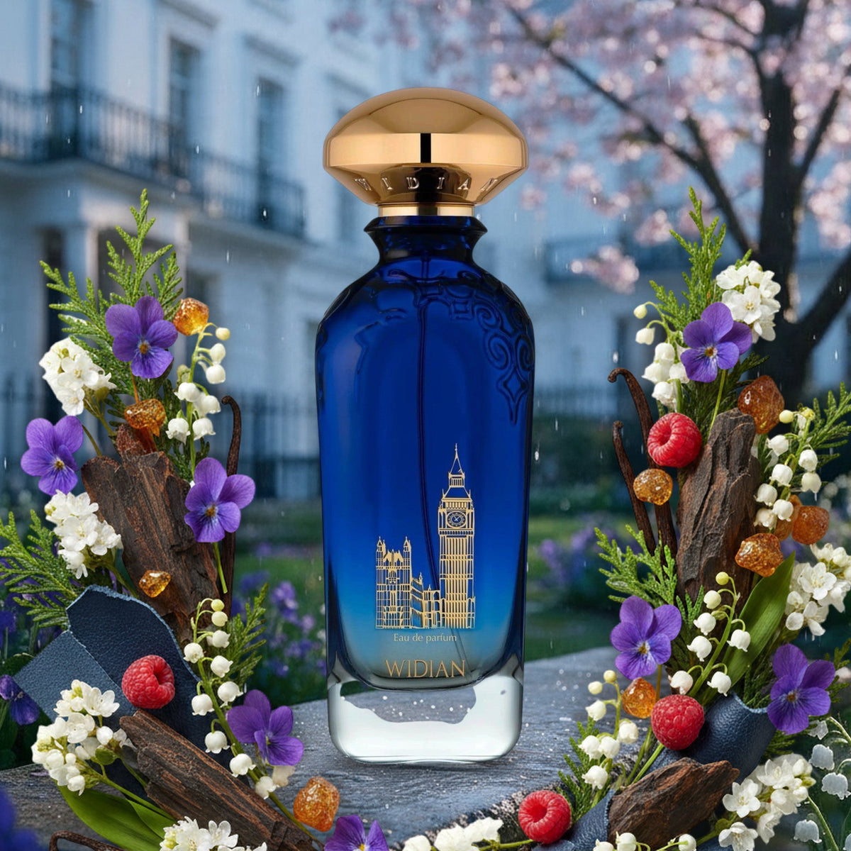 London Eau de Parfum von Widian im Londoner Garden Square am Frühlingsmorgen, umrahmt von Veilchen und Maiglöckchen