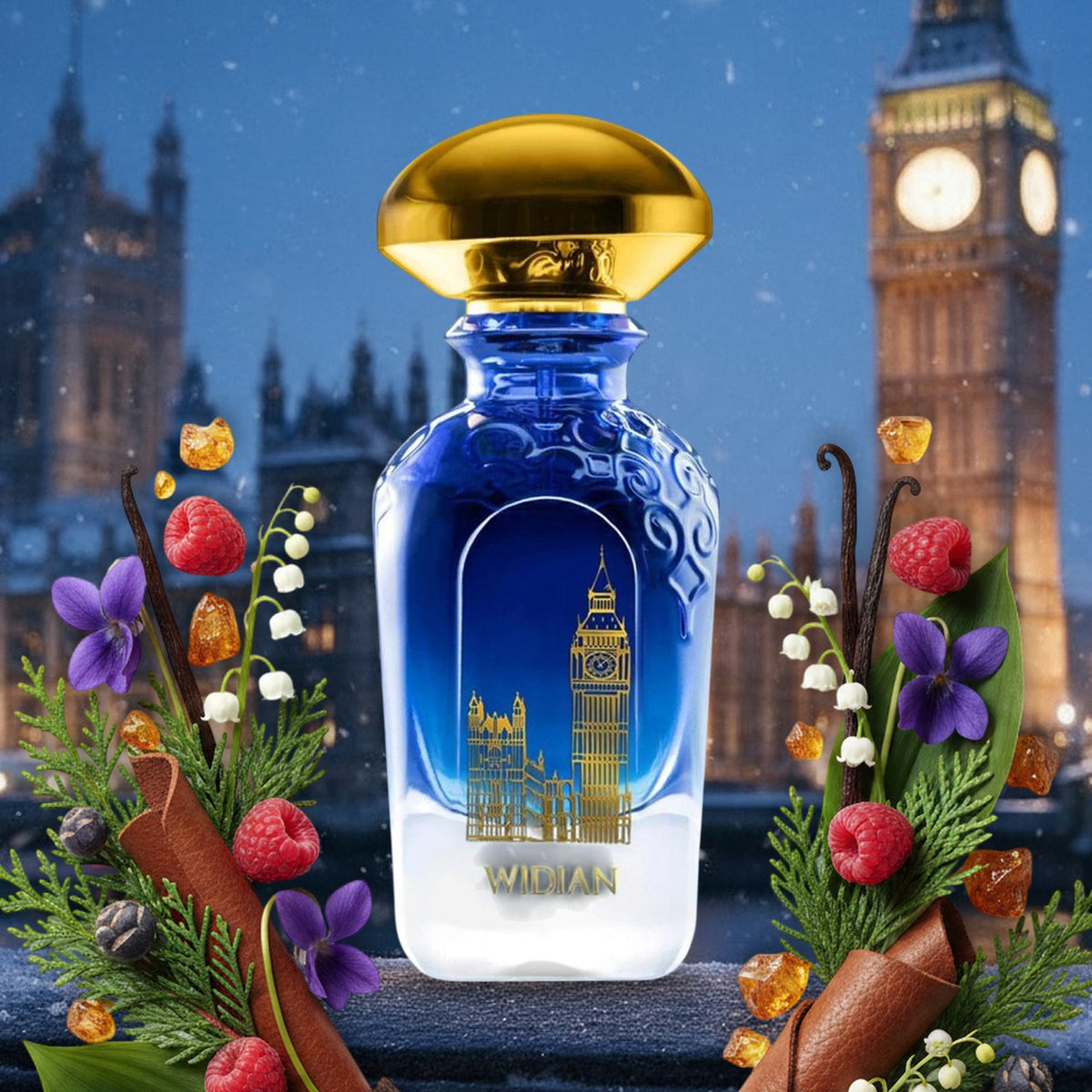 London von Widian mit Veilchen, Himbeere, Leder und Zypresse vor dem verschneiten Big Ben an einem Winterabend
