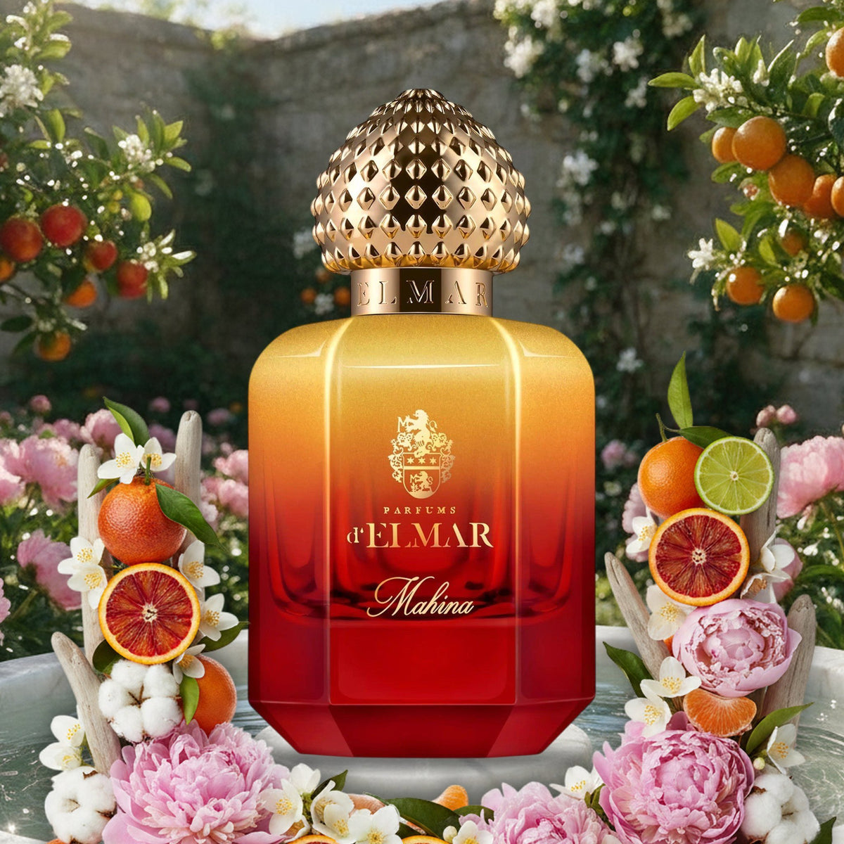Mahina von Parfums d’Elmar am Marmorbrunnen im Frühlingsgarten mit Blutorangen, Mandarinen, Pfingstrosen und Jasmin